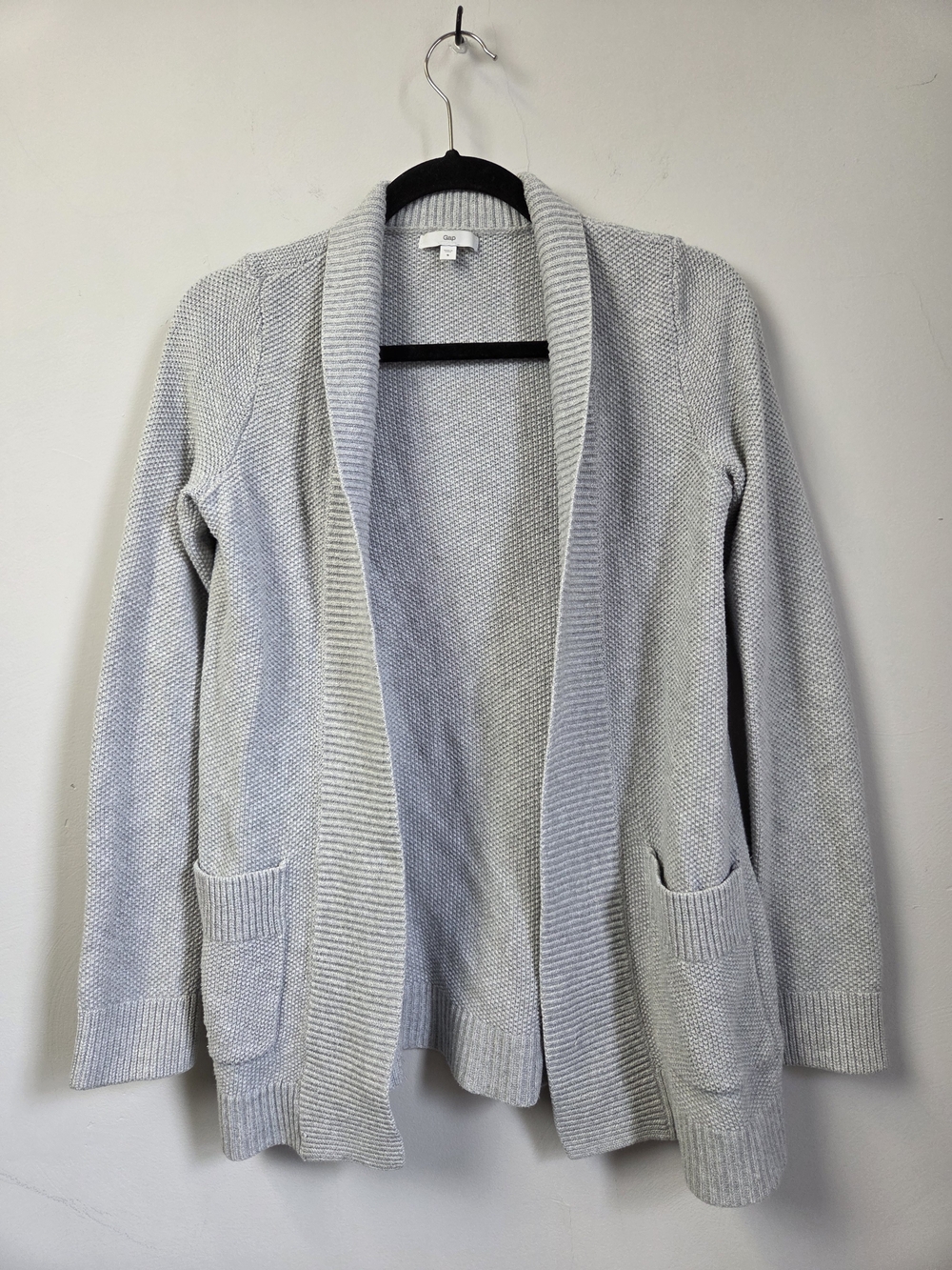 Light Gray Open-Front Shawl Collar Women's Cardigan Sweater Loght Stain On Back